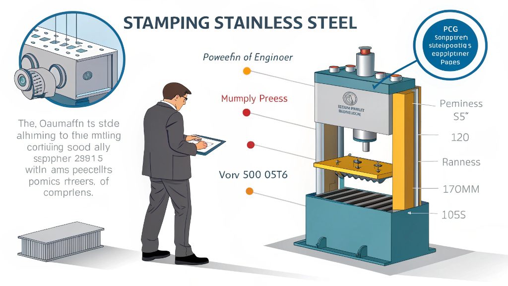 Stamping Stainless Steel A high-tonnage stamping press in action, forming a stainless steel part