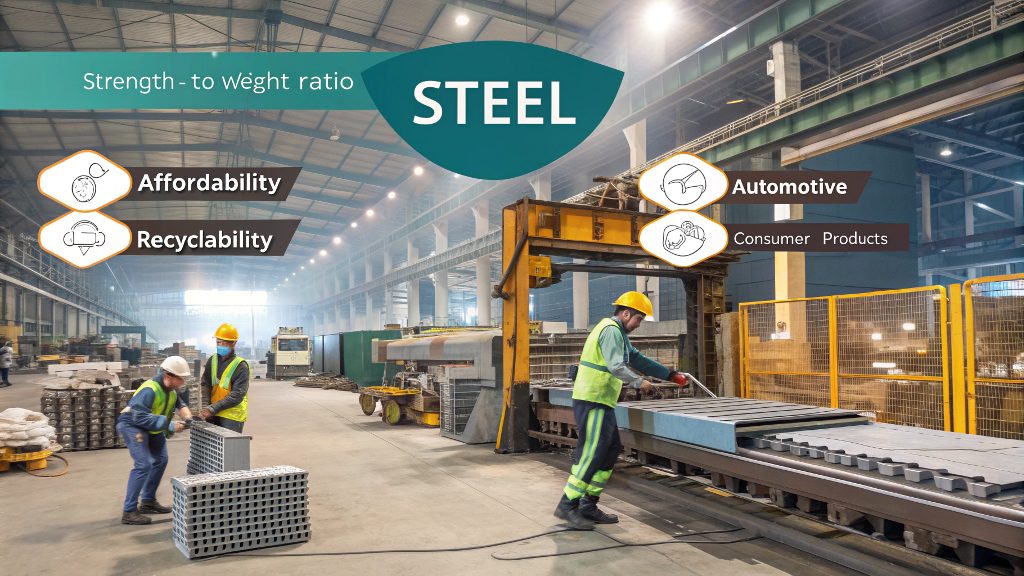 A large coil of steel being fed into a progressive stamping press.