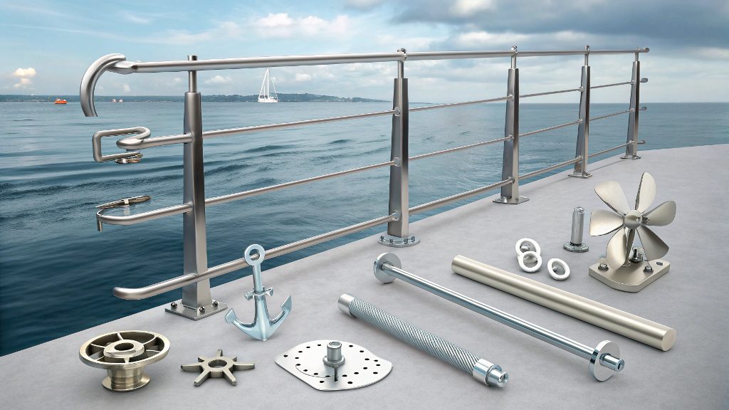 A shiny 316 stainless steel boat cleat under the sun