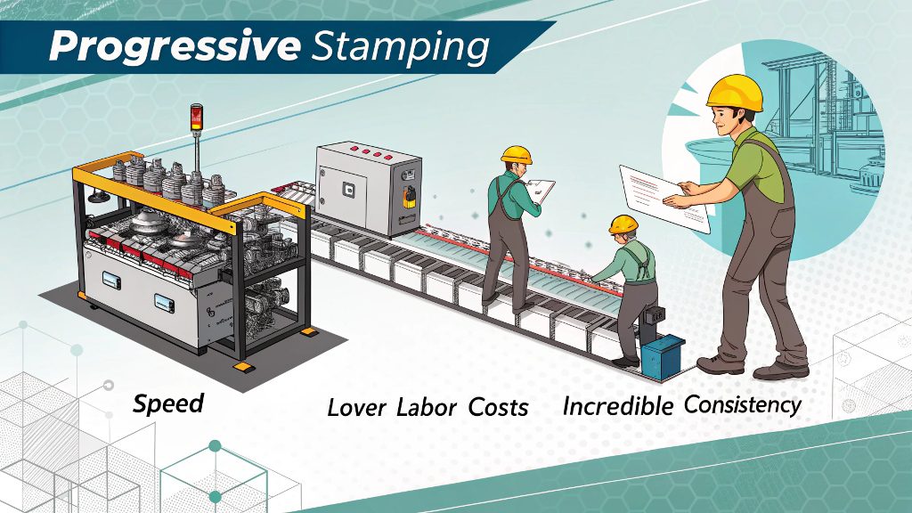 Advantages of Progressive Stamping An array of complex metal parts made with progressive stamping