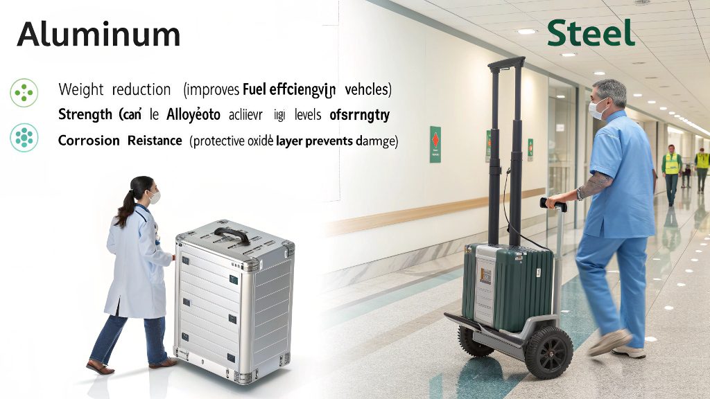 a comparison image showing parts made from steel, aluminum, brass, and copper