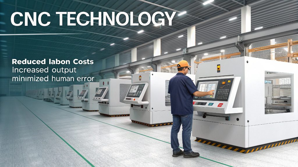 A single operator monitoring a bank of several CNC machines running automatically