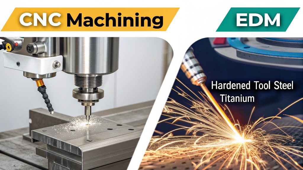 A close-up of a wire EDM cutting through a hardened steel part