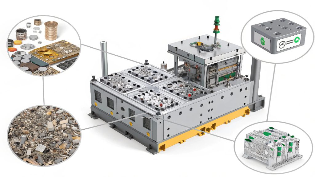 Progressive Die Stamping Tooling Cost and Waste A complex progressive die tool next to its material waste skeleton