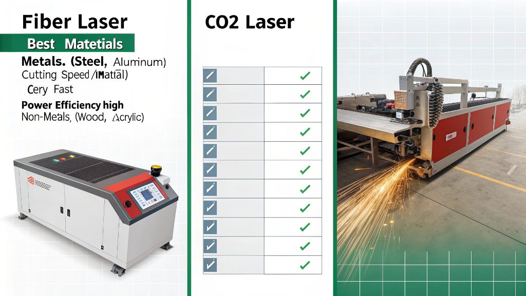 A side-by-side view of a fiber laser cutting metal and a CO2 laser engraving wood