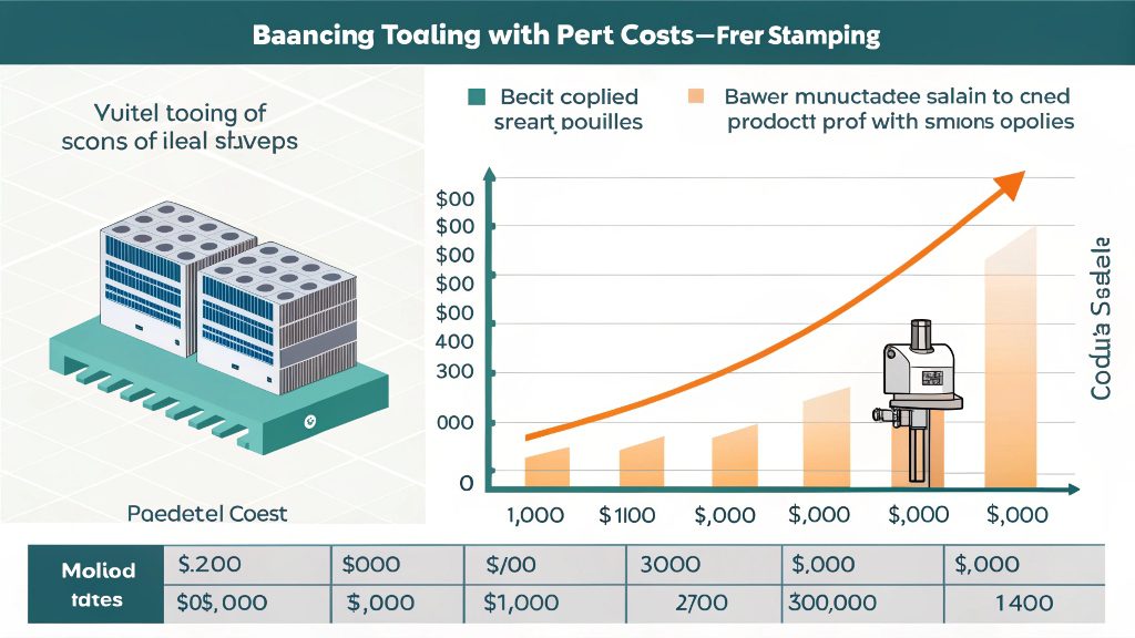 A chart showing cost per part decreasing as production volume increases for metal stamping