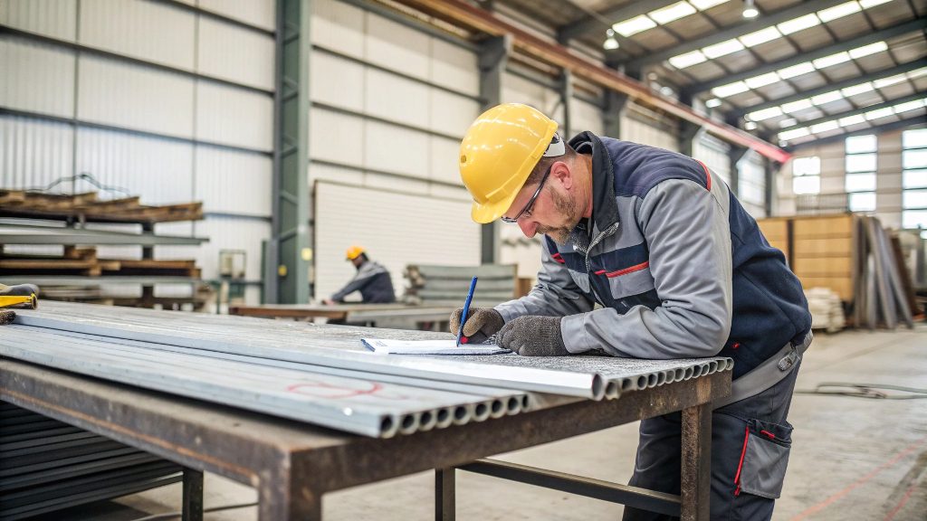 A scale balancing a small piece of steel with a larger piece of aluminum