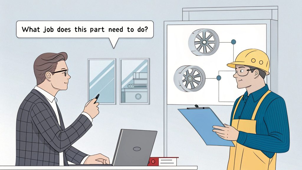 An engineer's hands holding two similar metal parts of different gauges for comparison.