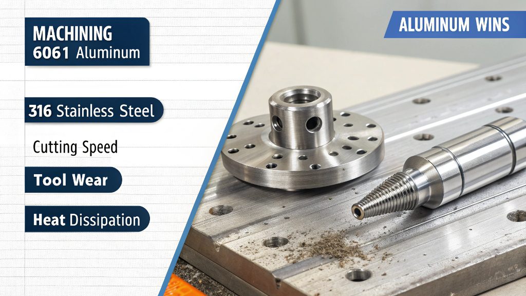 A side-by-side comparison of a machined aluminum part and a stainless steel part, with the aluminum looking cleaner.