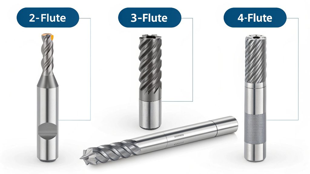 Choosing the Right End Mill Close-up of several end mills with different numbers of flutes