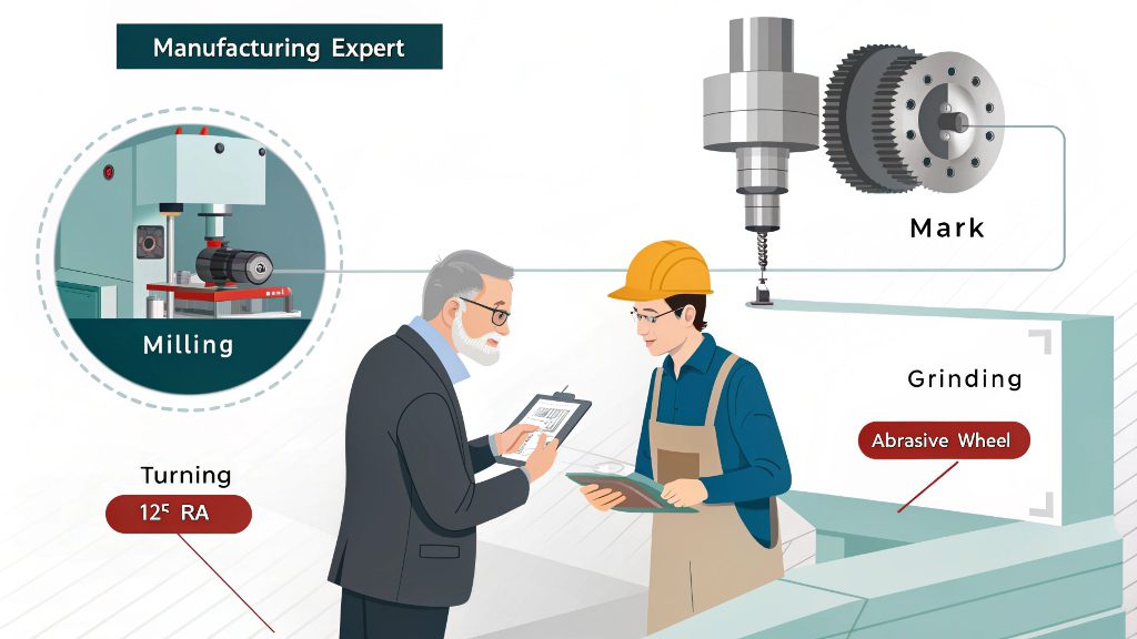 Comparison of different machined surfaces side-by-side: milled, turned, ground