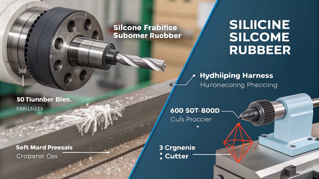 Close-up of a CNC turning lathe working on a piece of red silicone rubber