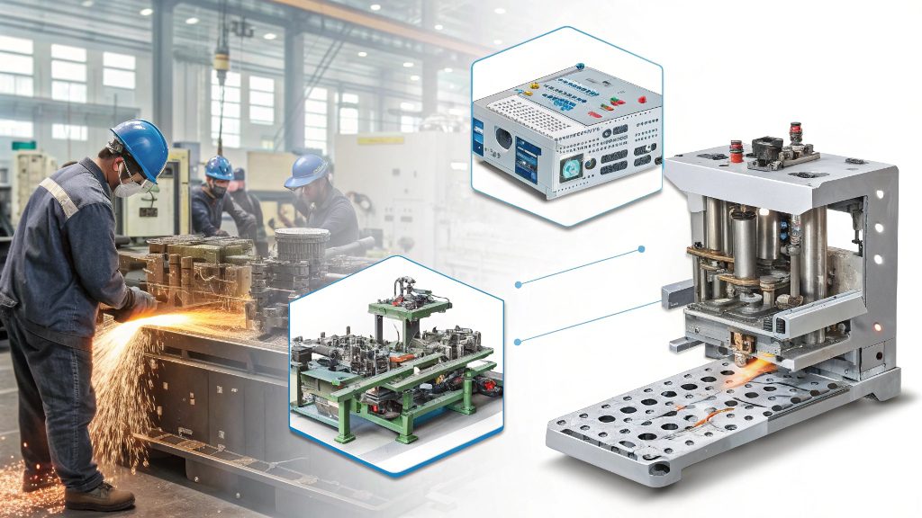 Types of Metal Stamping Processes A progressive die stamping machine in operation