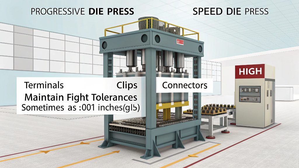 High-Speed Progressive Stamping Production A high-speed stamping press producing millions of small metal terminals