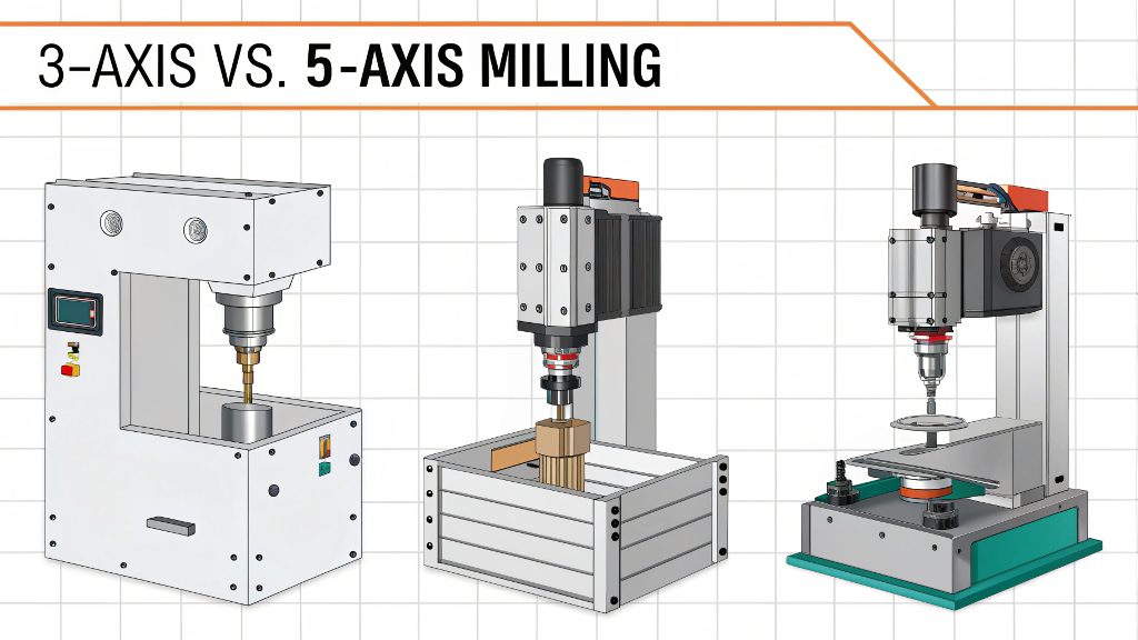 Difference between 3 axis and 5 axis milling A diagram showing the movement of a 3-axis vs a 5-axis machine.