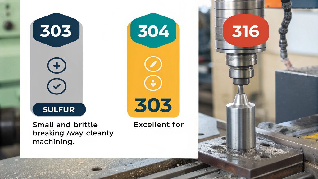 Machining 303 Stainless Steel A bar of 303 stainless steel being machined on a CNC lathe.