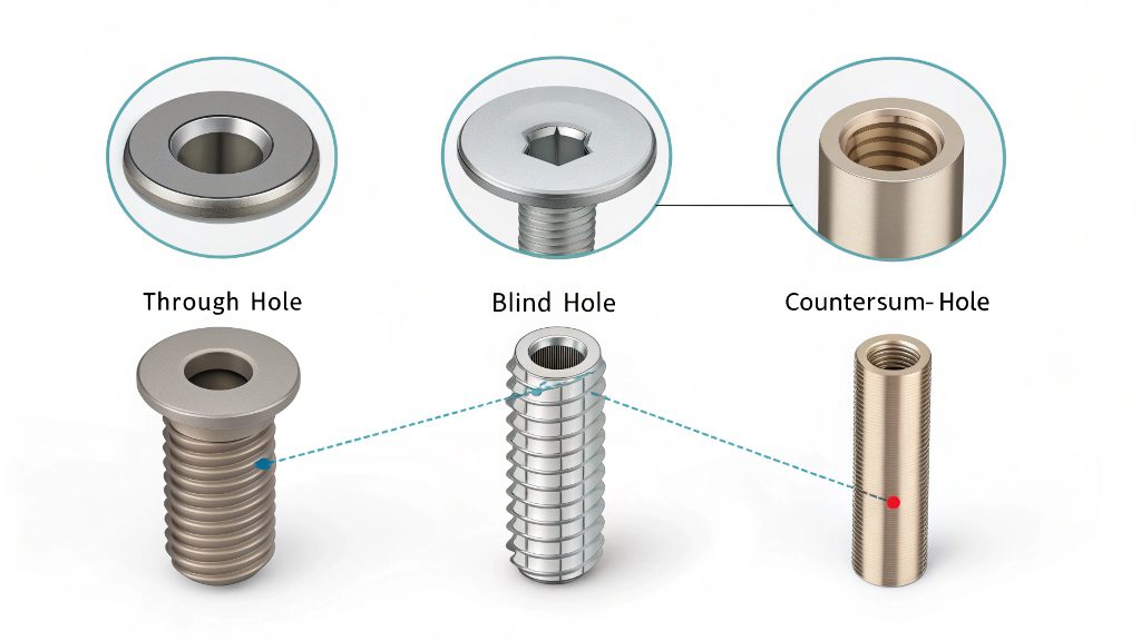 Three Types of Machined Holes An engineering drawing showing the difference between through, blind, and counterbored holes.