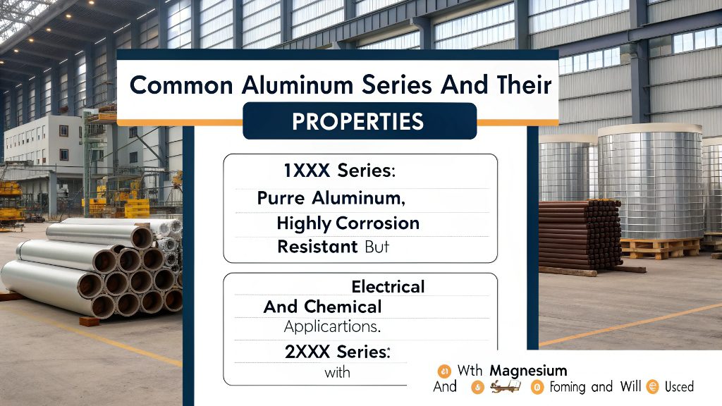 An infographic showing different aluminum bars, each labeled with a grade number like 1100, 2024, 5052, 6061, 7075.