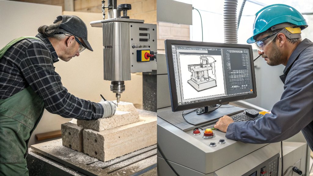 A side-by-side comparison of a CNC control panel and manual lathe handwheels