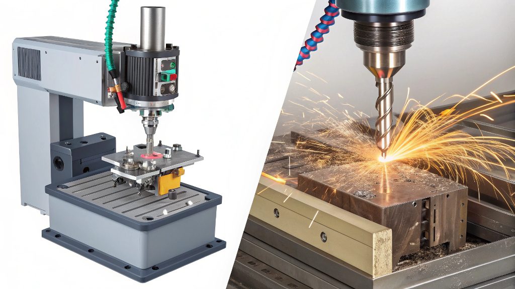 Side-by-side comparison of a CNC milled part and an EDM machined part