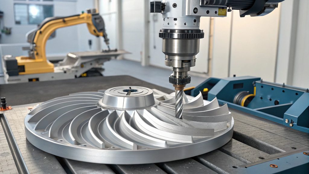 An animation showing the toolpath of a 5-axis CNC machine on a complex part