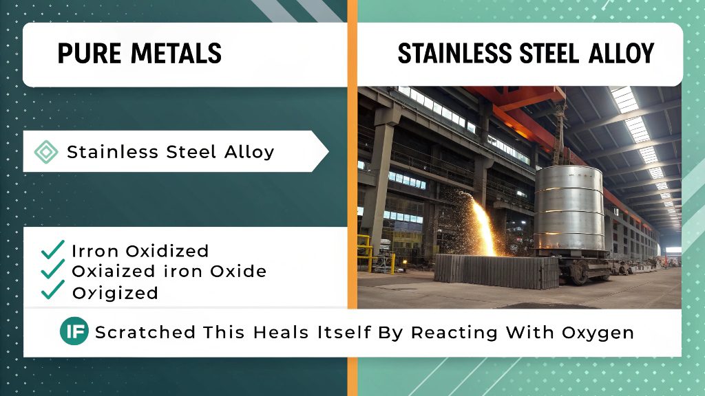 A microscopic view showing the protective passive layer on an alloy surface