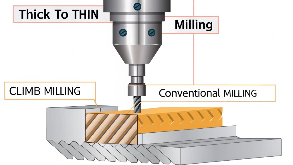 The Golden Rule of Milling: Climb Milling Diagram showing the difference between climb and conventional milling