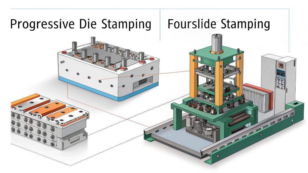 A diagram showing the difference between progressive, fourslide, and deep draw stamping.