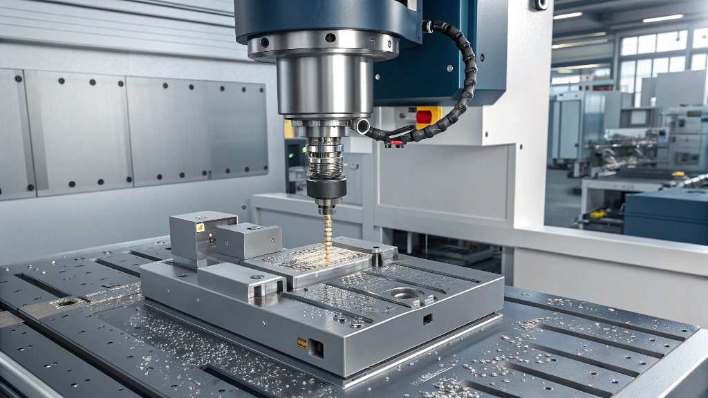 A complex mold being machined on a vertical machining center