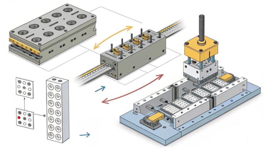 Compound vs. Progressive vs. Transfer Die Diagram comparing compound, progressive, and transfer die operations