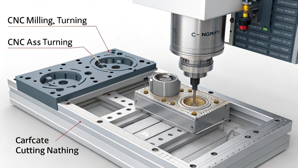 CNC Machining Services A large 5-axis CNC machine in operation.