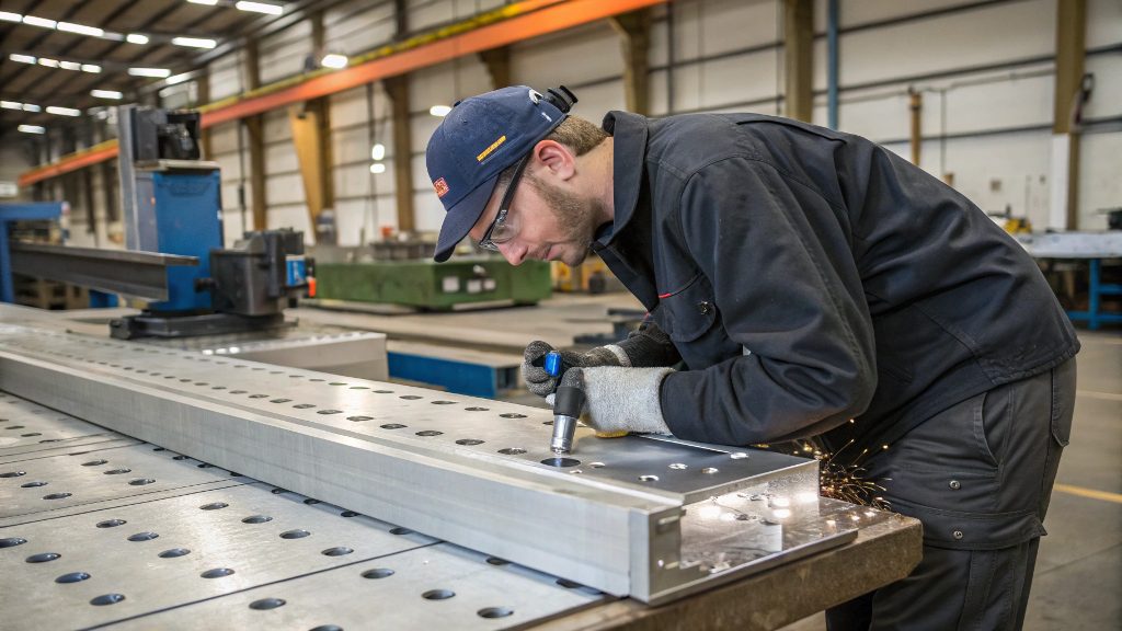 A worker welding two pieces of aluminum together.