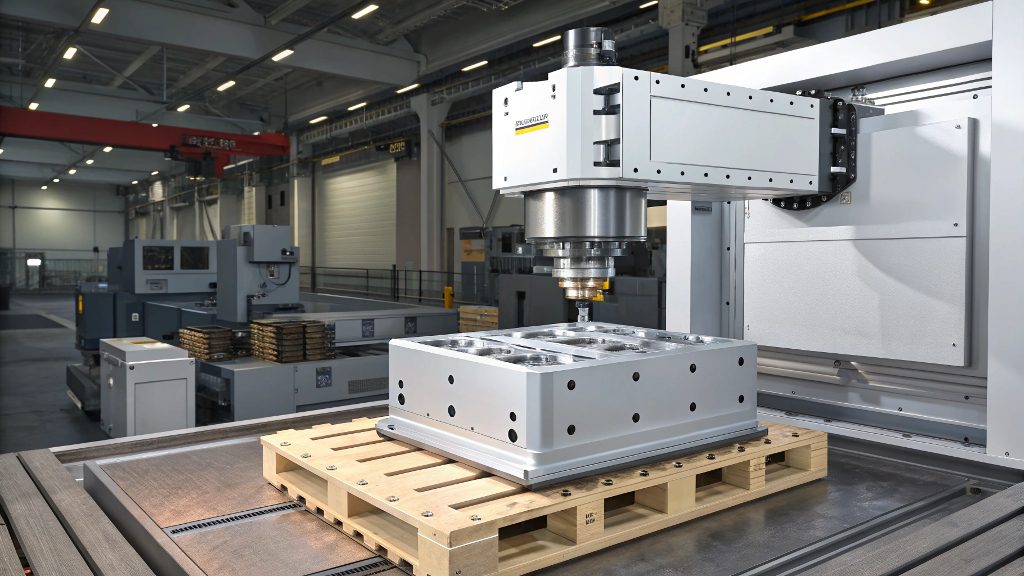 An operator inspecting a large, box-like part finished on a horizontal milling machine