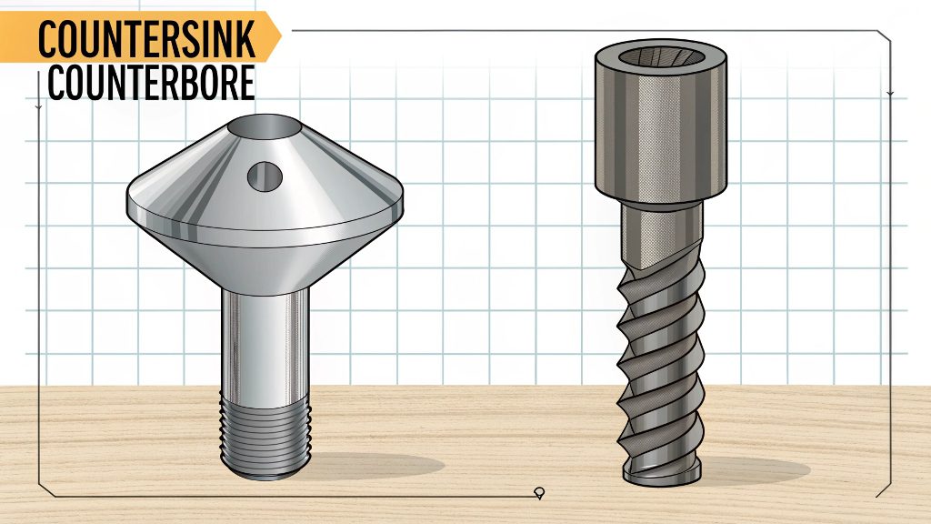 Countersink and Counterbore Applications Close-up of a countersunk screw and a counterbored bolt in an aluminum part