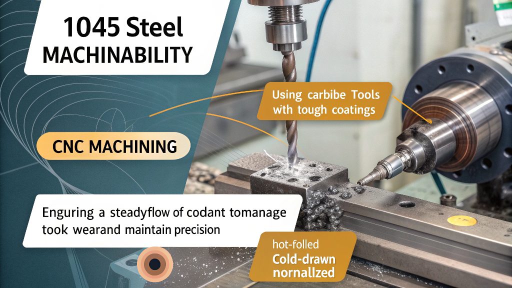Machining 1045 Carbon Steel A CNC machine cutting a part from a 1045 carbon steel bar
