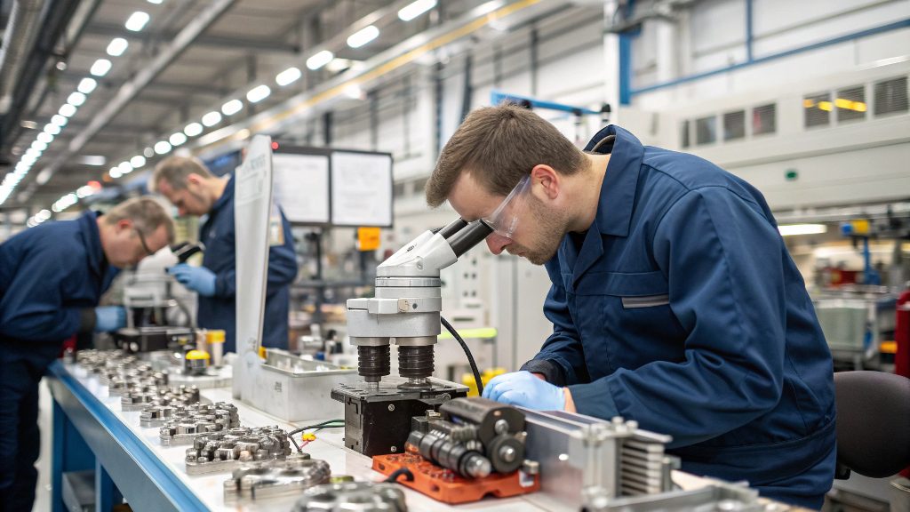 An engineer pointing out a crack on a heat-treated metal part