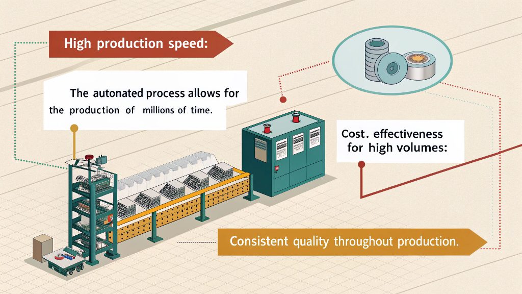 Advantages of Progressive Die Stamping Close-up of a progressive die stamping tool in action