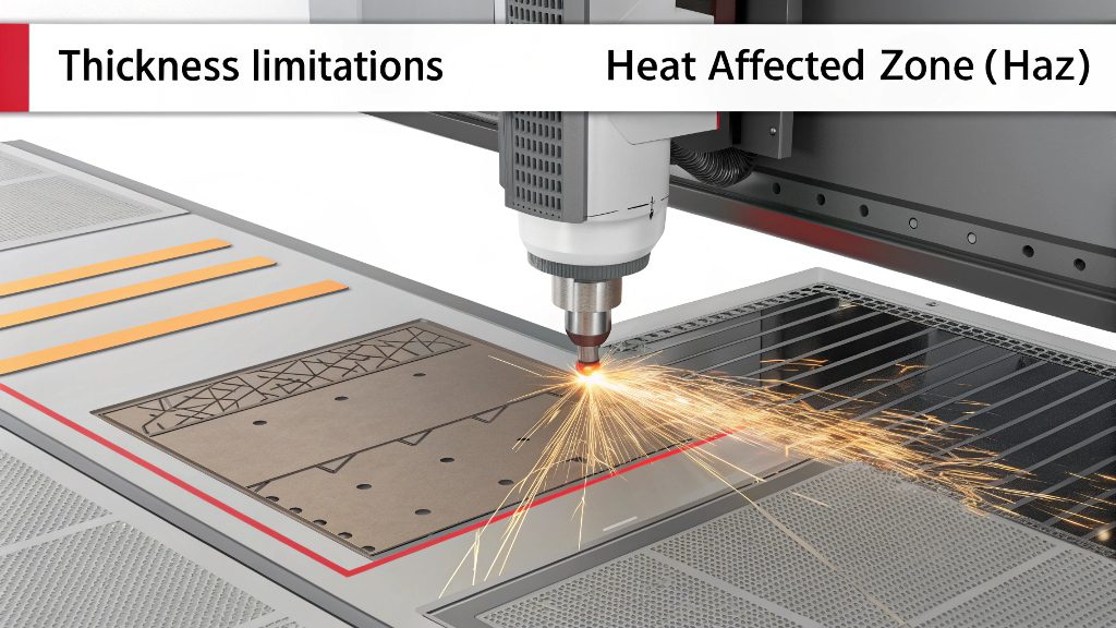 Close-up of a thick metal edge showing slight tapering after a laser cut