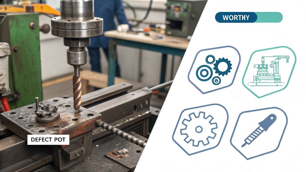 An inspector using a caliper to measure a metal stamped part