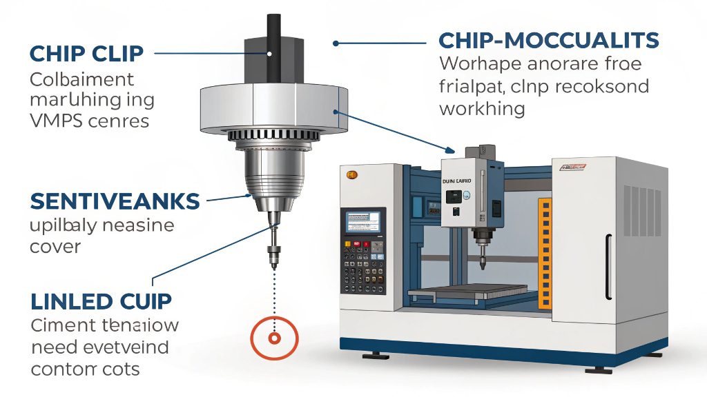 Chips piling up on a workpiece inside a vertical machining center