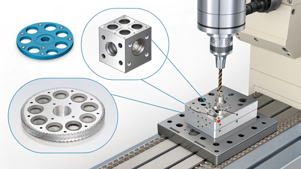 Variety of Machined Holes in Steel A finished stainless steel component showing a variety of hole shapes, including square, slotted, and threaded.